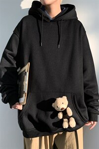 2021冬季新白墙港风大码男女送小熊加绒加厚网红连帽卫衣W5205P55图片