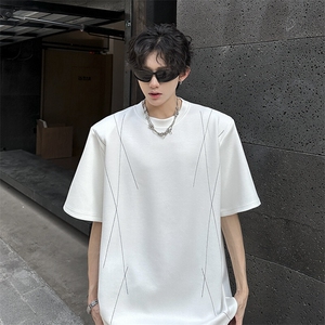 现货 垫肩设计缉明线百搭休闲潮男T恤  A071-T66-P40图片