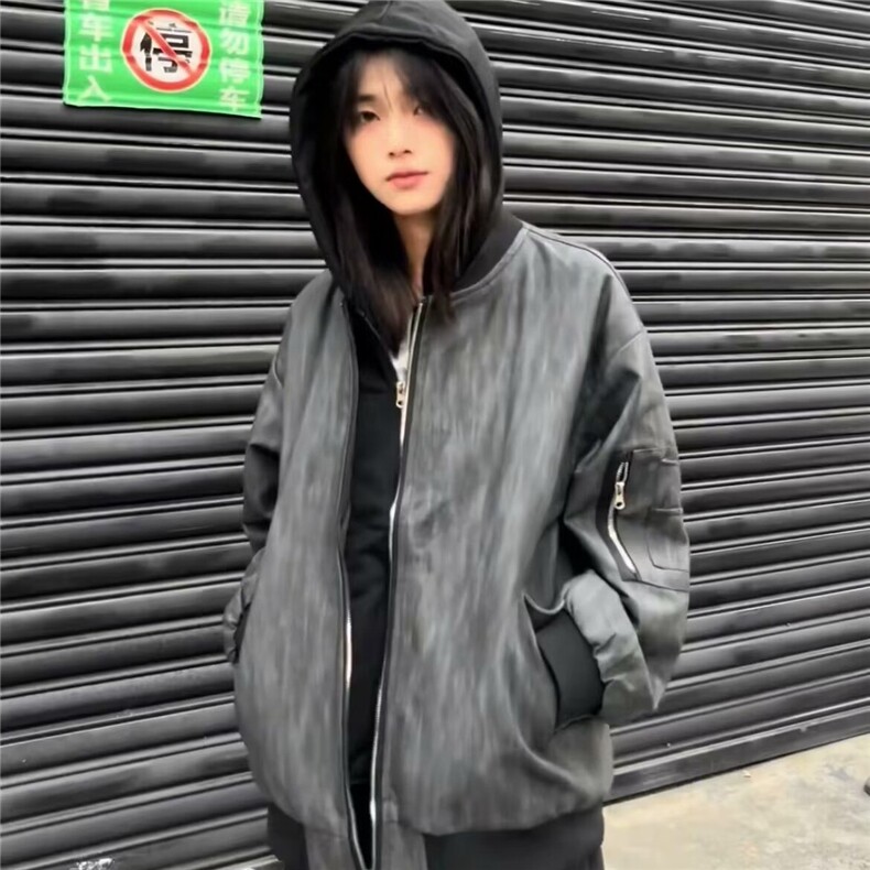新款重磅设计假两件连帽皮衣外套男女美式工装夹克做旧LJK853-P80图片