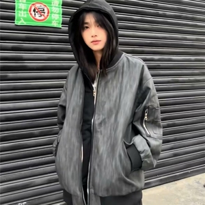 新款重磅设计假两件连帽皮衣外套男女美式工装夹克做旧LJK853-P80图片