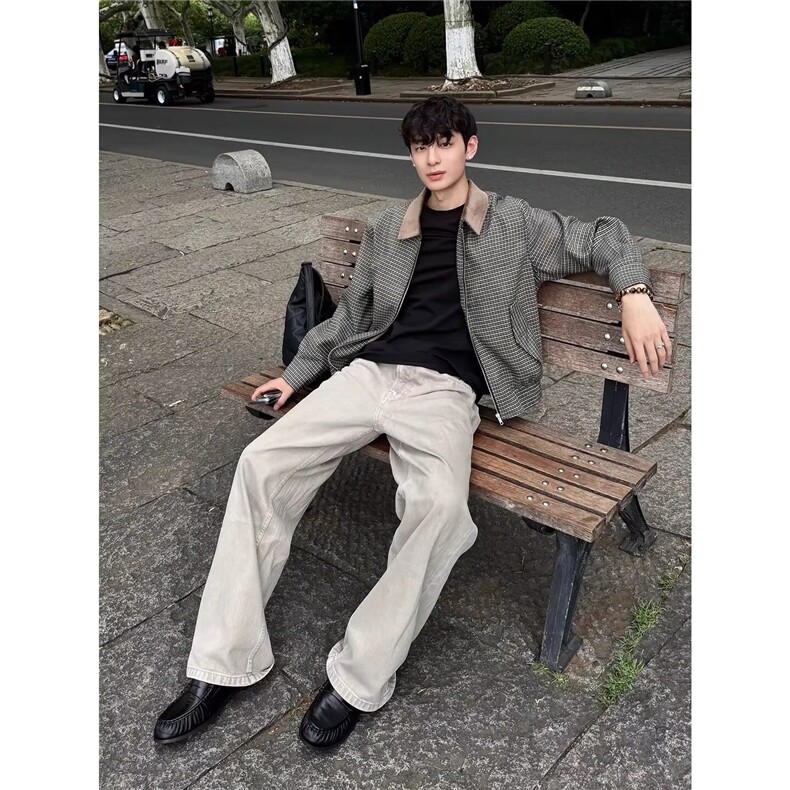 W10653-P85网图现货新款撞色格子夹克外套复古垫肩上衣,男装夹克,星座1608
