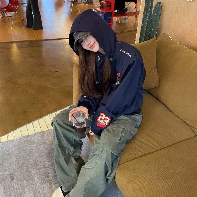 美式复古刺绣勳章夹克男女款春秋季小众短宽帽子可拆卸外套ins潮,男装夹克,星座302B