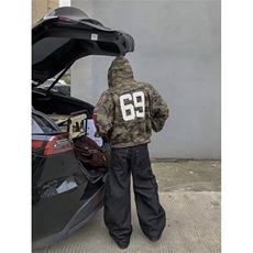 美式复古水洗迷彩刺绣连帽卫衣外套男秋冬季宽松休闲帽衫夹克，男装夹克，四季星座505