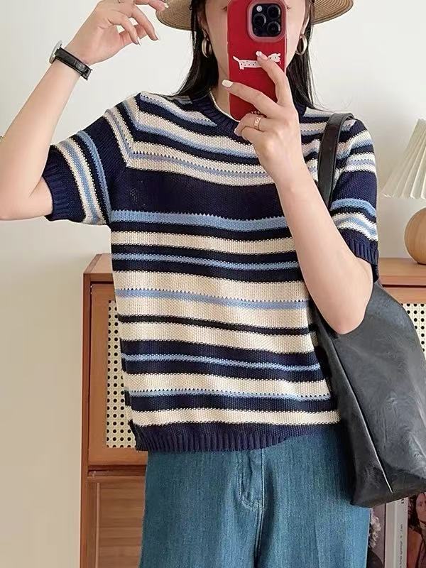 时尚撞色条纹简约百搭舒适夏季圆领短袖,女装T恤,佑昭祥羊绒
