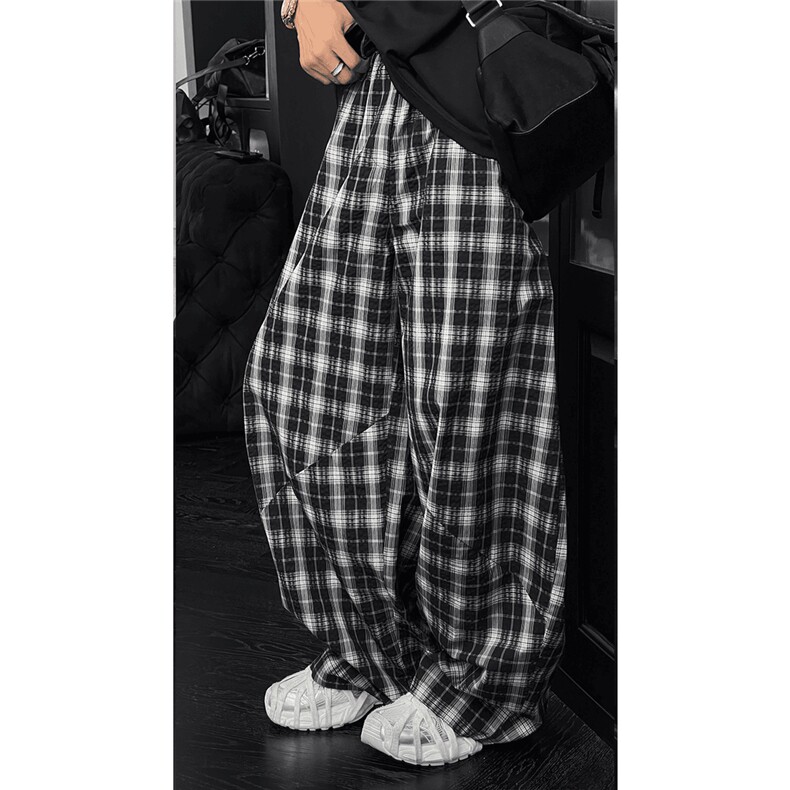 【网图慎用】格子裤宽松版老钱风好看透气CK055-P48现货，男装休闲裤，电商A466