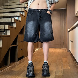 褶皱牛仔短裤男夏季高街水洗做旧五分裤子直筒中裤N9974