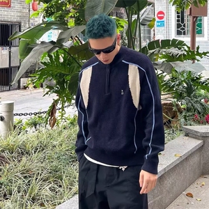韩版潮男长袖半拉链polo翻领针织衫加厚套头拼接宽松纯色毛线上衣图片