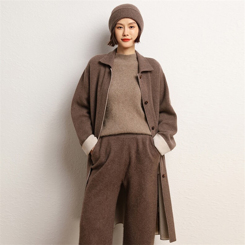 山羊绒纯色中长款气质显瘦单排扣长袖秋冬大衣，女装羊绒大衣，五色羊羊绒