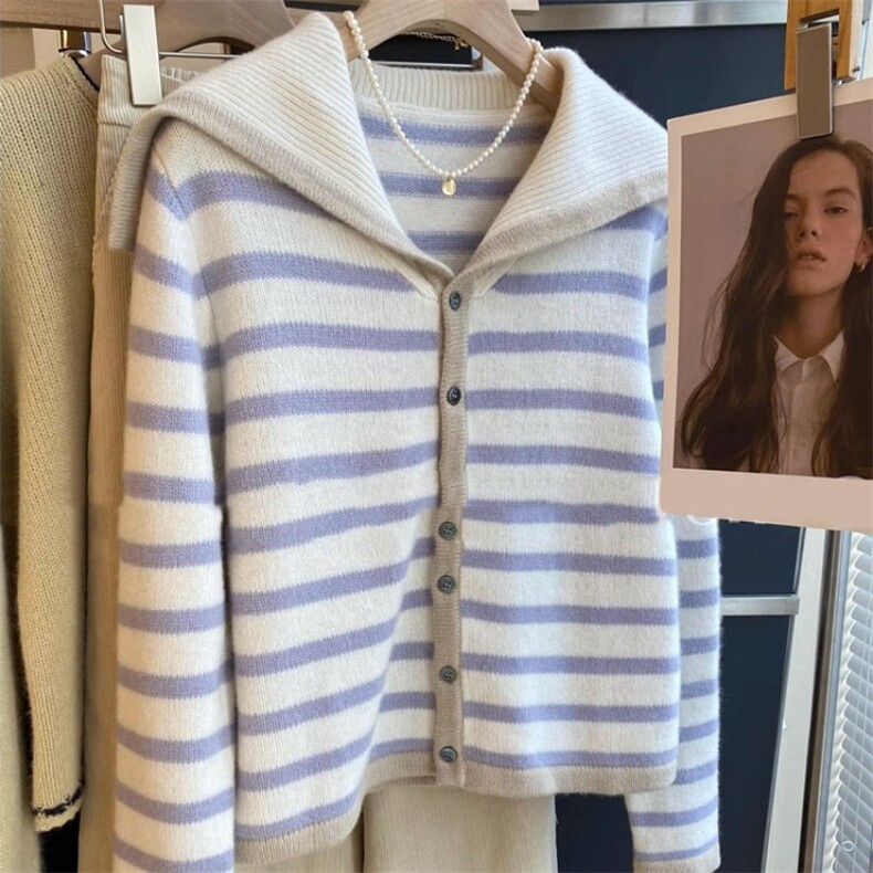 时尚百搭条纹长袖单排扣针织衫显瘦修身秋季新款女装毛衣，女装针织衫/毛衣，胜智羊绒