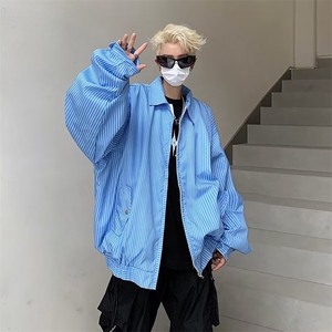 美式外套男生短款潮牌春秋季条纹拉链衬衫痞帅夹克高级设计感图片