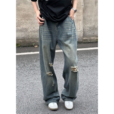 美式复古水洗宽松破洞百搭牛仔裤男新款潮牌直筒休闲裤NA1001-p48，男装牛仔裤，星座1008