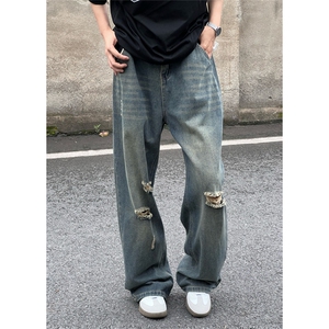 美式复古水洗宽松破洞百搭牛仔裤男新款潮牌直筒休闲裤NA1001-p48图片