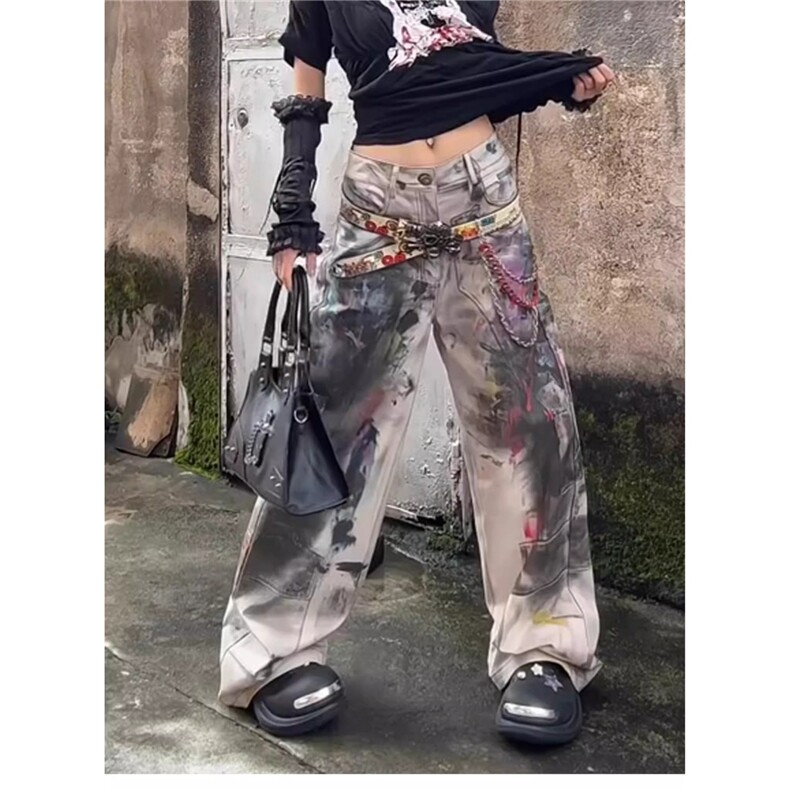 美式复古做旧涂鸦脏脏风牛仔裤阔腿宽松拖地裤XXG196,男装牛仔裤,星座208-5