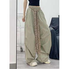 亮片腰带伞兵裤女酷飒风夏季设计感褶皱宽松阔腿弯刀裤KB3066，男装休闲裤，星座1116A（原606A-3）