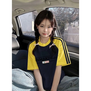 夏季美式高街重磅纯棉三条杠织带插肩撞色男女短袖T恤CZ176-特P25图片