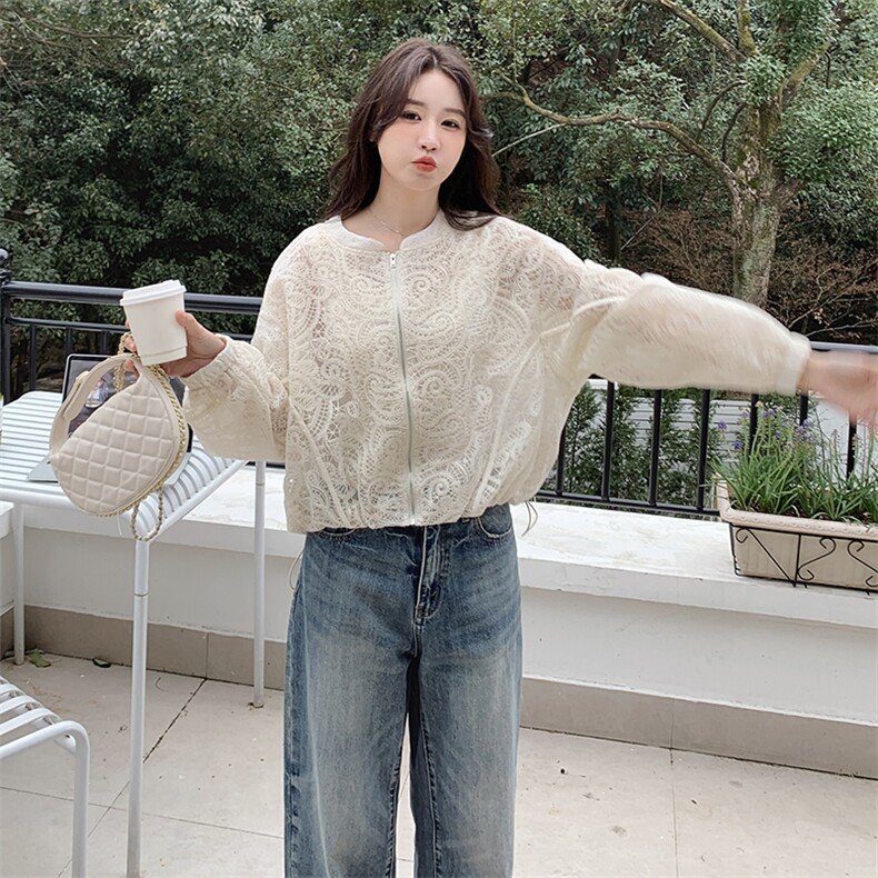 现货米杏色超好看时尚防晒蕾丝女2025早春新款韩版小个子别致上衣，女装短外套，欧米莱