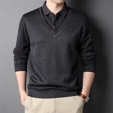 秋季新款加绒假两件长袖T恤男衬衫领潮流中年打底上衣HPN2188-P90，男装针织衫/毛衣，电商B212（原钱塘6029）