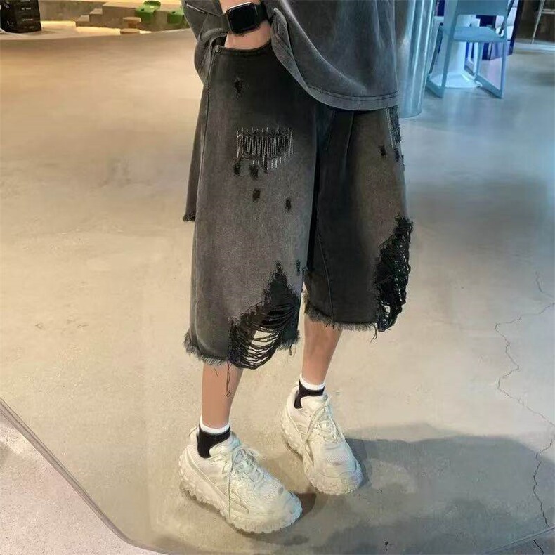 美式高街复古乞丐破洞牛仔短裤男款夏季薄款潮牌宽松百搭五分裤,男装牛仔裤,星座613