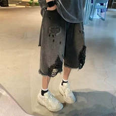 美式高街复古乞丐破洞牛仔短裤男款夏季薄款潮牌宽松百搭五分裤，男装牛仔裤，星座613