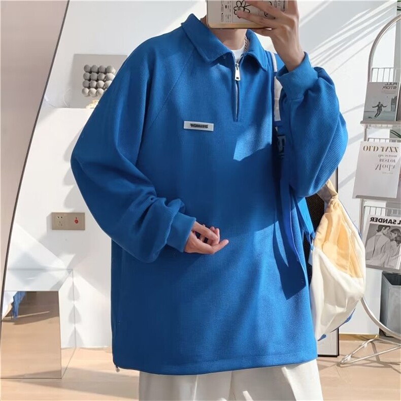 情侣华夫格POLO衫外套春秋半拉链插肩袖卫衣男克莱因蓝W3571-P36,男装卫衣,星座512-2