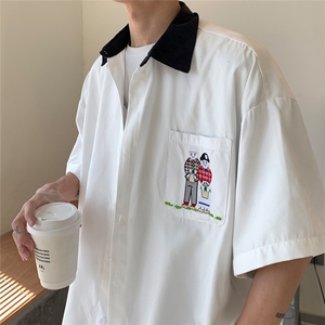 冰丝衬衫夏季学院风男女港风ins潮流学生情侣装短袖图片