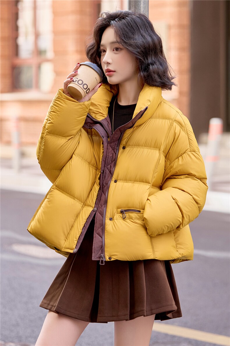 现货黄色撞色羽绒服女2025冬季新款小个子冬装外套150,女装羽绒服,梦懿尔