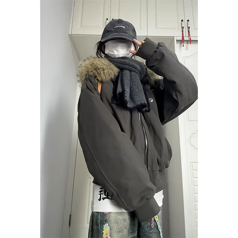 现货重磅boxy短款棉衣座山雕大毛毛领男女棉服水洗工装厚外套，男装棉衣，电商A443