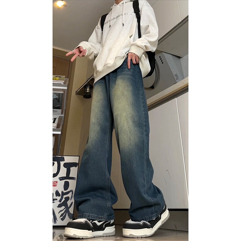 dirtyfit裤子水洗蓝阔腿直筒牛仔裤垂感高级感XZ310A-4-NZ10,男装牛仔裤,星座310A-4
