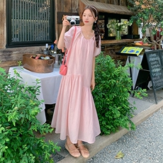 别致独特粉色雪纺连衣裙女夏2025新款甜美温柔风仙女宽松鱼尾长裙，女装连衣裙，2D078