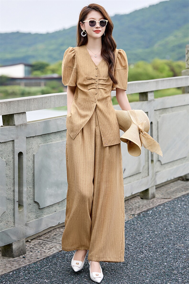 休闲时尚职业套装女2024夏季新款设计感气质高腰垂感阔腿裤两件套,女装套装/套裙,尚娜萱