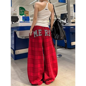 美式格子裤女秋冬红色阔腿裤宽松运动休闲裤拖地长裤K6741-P46图片