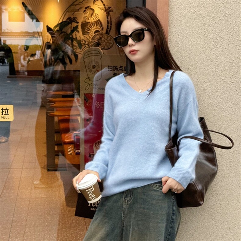 V领宽松型纯色厚款套头拉绒羊毛衫高支进口羊毛不掉毛不起球加厚,女装羊毛衫,优麦羊绒（原洪叶羊绒）