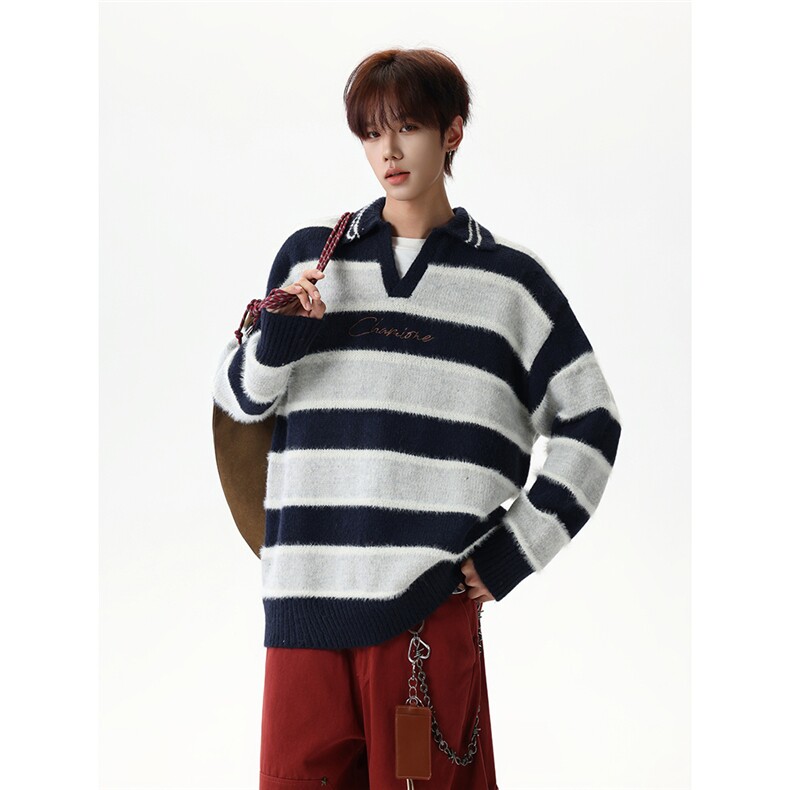 【现货】XZ1218MY9818特价P53美式套头条纹落肩V领毛衣，男装针织衫/毛衣，星座1218（原611-3）