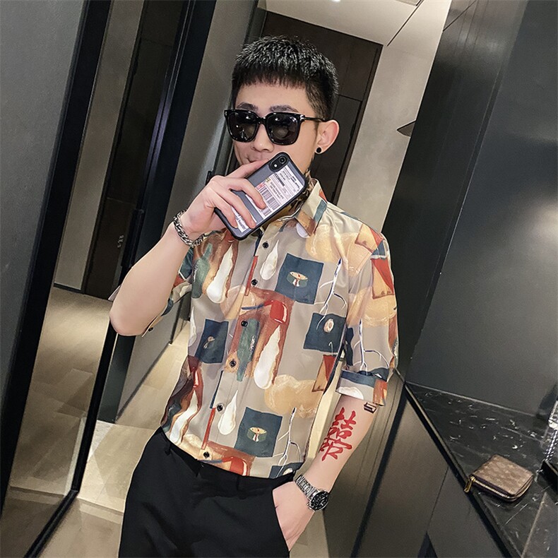 312A-120-P55新款社会小伙中袖衬衫韩版潮流男士五分袖衬衣B,男装T恤,星座312A-5