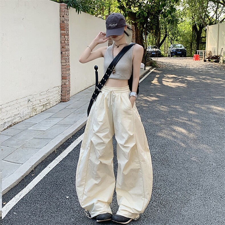 白色速干弯刀阔腿裤女夏季轻薄美式hiphop裤子宽松高腰显瘦伞兵裤图片