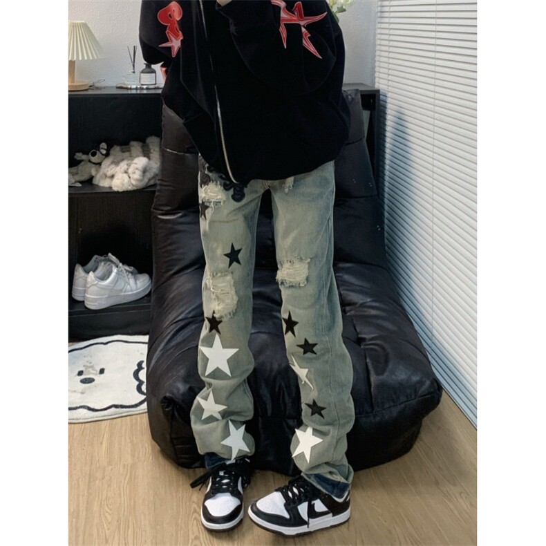 【008】刺绣五角星牛仔男女潮牌修身直筒破洞贴布A079-N079-P47,男装休闲裤,电商A079