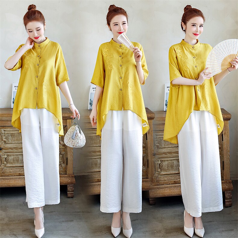 2021夏季新款复古文艺素雅刺绣休闲舒适棉麻两件套,女装套装/套裙,韩宇舍