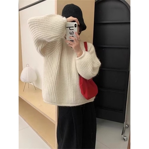 MM123-P65 慵懒风卷边粗毛线毛衣女宽松显瘦韩版圆领上衣针织衫图片