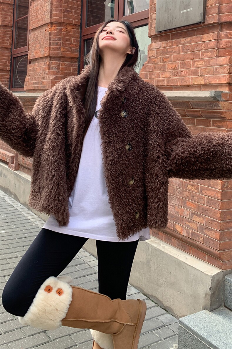 韩系气质短款皮毛一体棉服女2025冬季新款显瘦保暖加厚羊羔毛外套,女装皮草,2C316