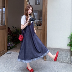韩版牛仔背带裙套装女2025夏季新款时尚设计感超好看T恤两件套，女装套装/套裙，2C317A