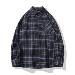B413-1-DX6022美式复古格纹衬衫男女潮流宽松慵懒休闲长袖衬衣服图片