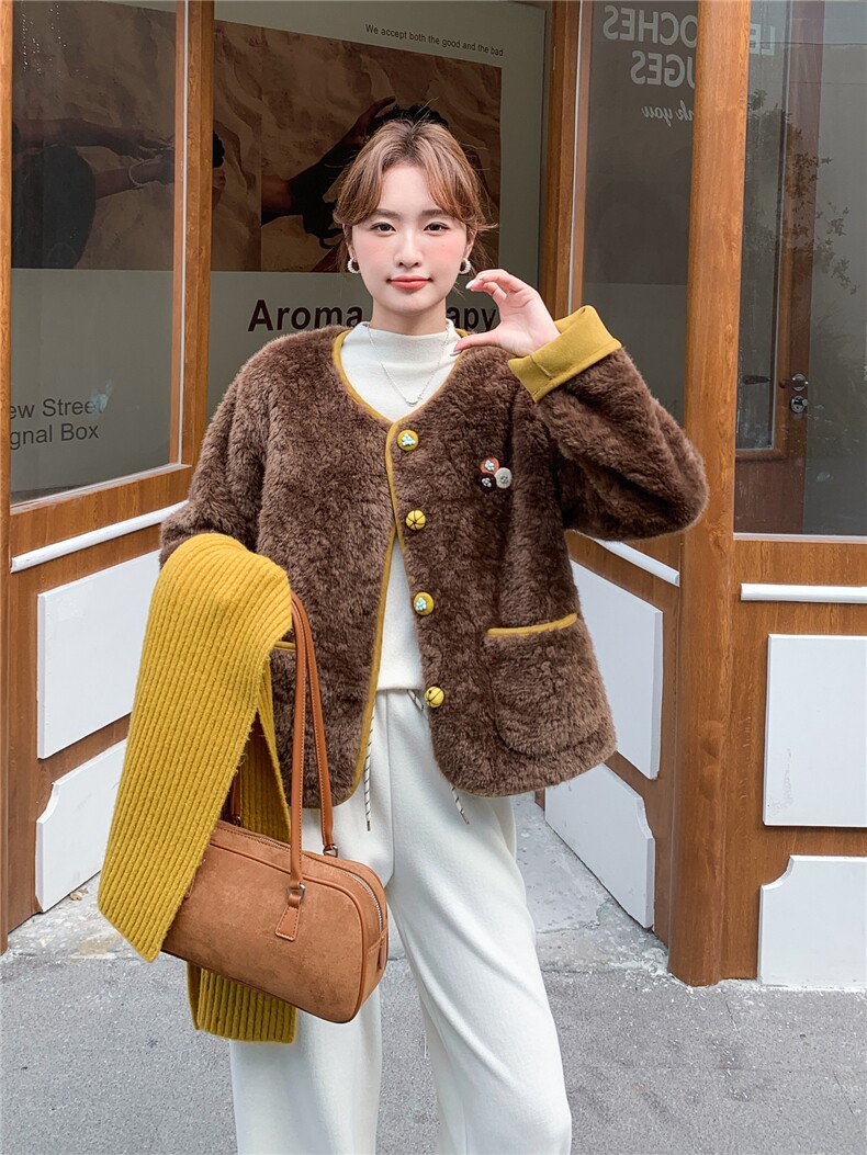 圆领撞色拼接皮毛一体外套女2025秋季夏季时尚百搭小个子显瘦上衣,女装短外套,韩蜜菓