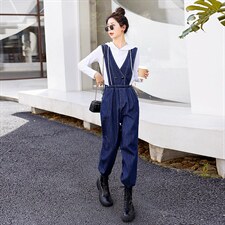 时尚显瘦牛仔背带连体裤女宽松高腰减龄休闲长裤百搭学生工装裤，女装连体裤，秋水欣儿