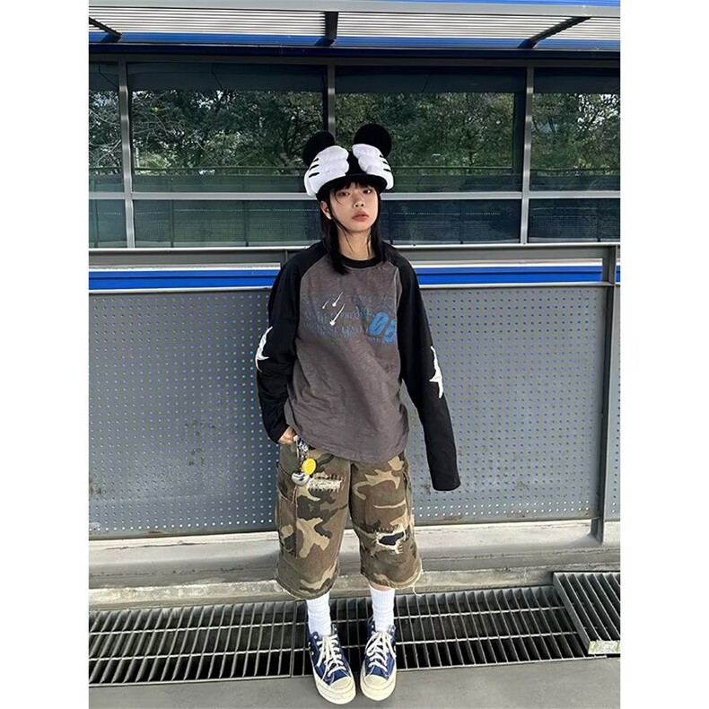 美式复古破洞补丁迷彩工装牛仔短裤男女夏季显瘦宽松阔腿七分裤子,男装牛仔裤,星座1210-1
