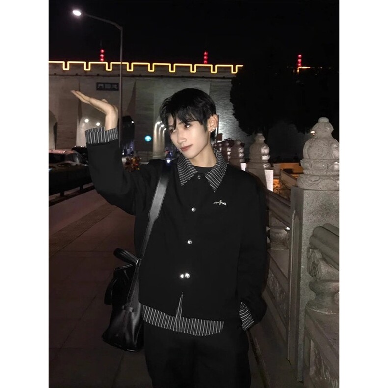 韩版潮牌黑色条纹拼接衬衫外套男士秋季痞帅高级感假两件开衫卫衣,男装衬衫,星座1210-1