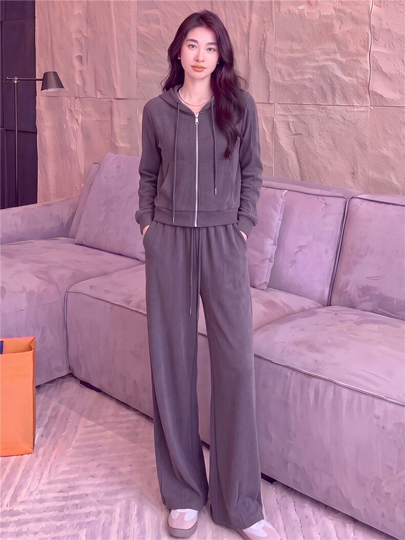 女春秋新款时尚慵懒风套装灰色拉链开衫连帽长袖外套阔腿裤两件套,女装套装/套裙,江南