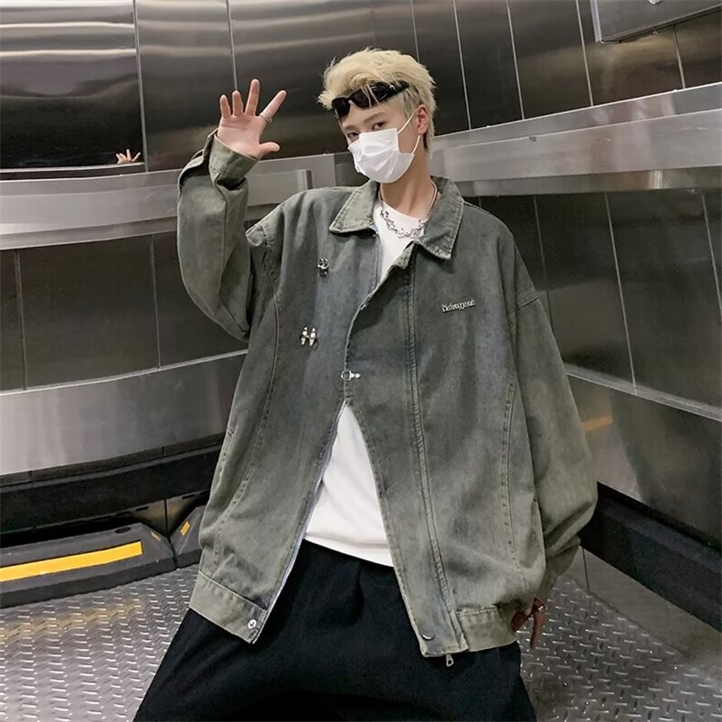 高级感飞机扣牛仔外套男士春秋季潮牌痞帅复古青少年学生夹克,男装夹克,星座716-3