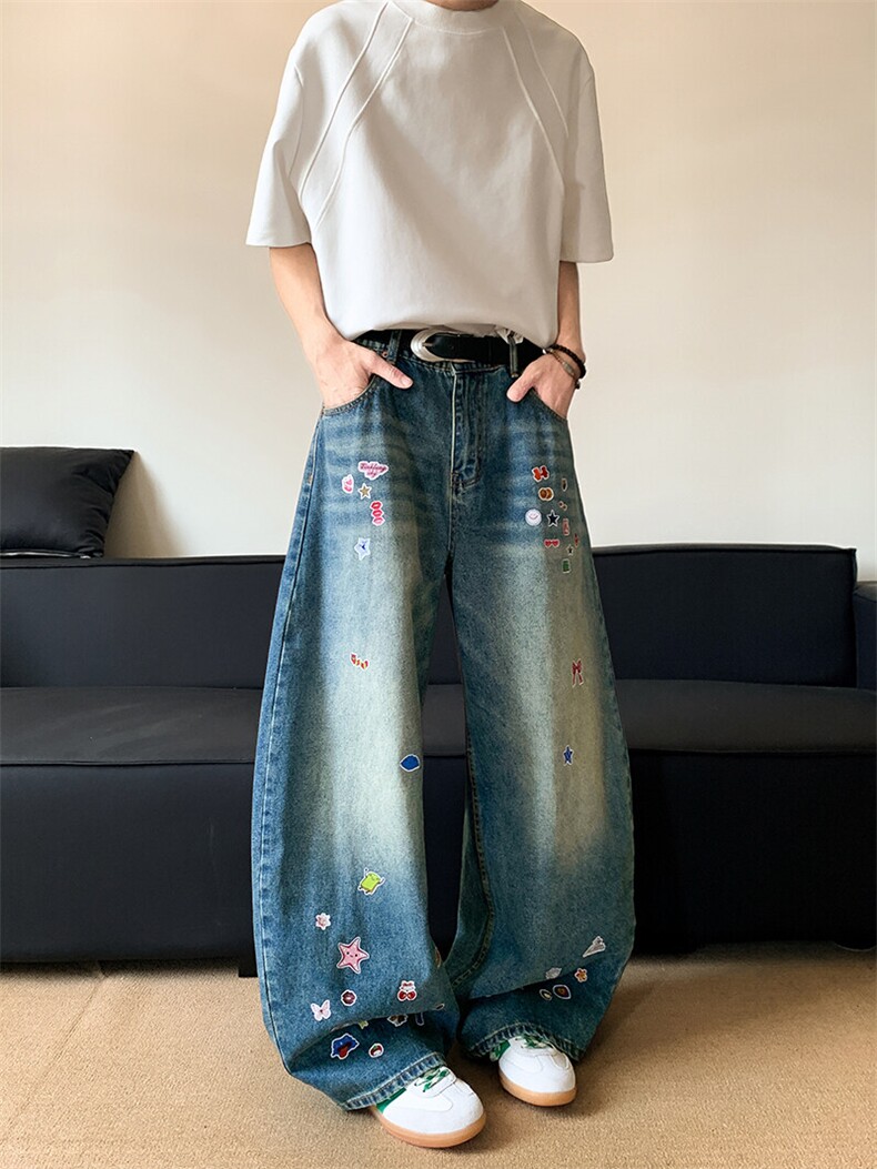 XZ-221-5/K8860/P60美式复古卡通贴纸印花弯刀牛仔裤,男装牛仔裤,星座221-5