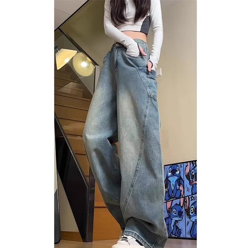 复古弯刀牛仔裤男女拼接设计感裤子高街vibe直筒阔腿裤LB0055-P53,男装牛仔裤,星座1008