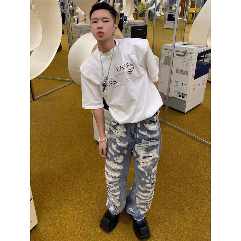 网图破洞牛仔裤男刮破烂贴布牛仔裤韩系欧巴宽松牛仔裤A247-P58,男装牛仔裤,星座1001-1